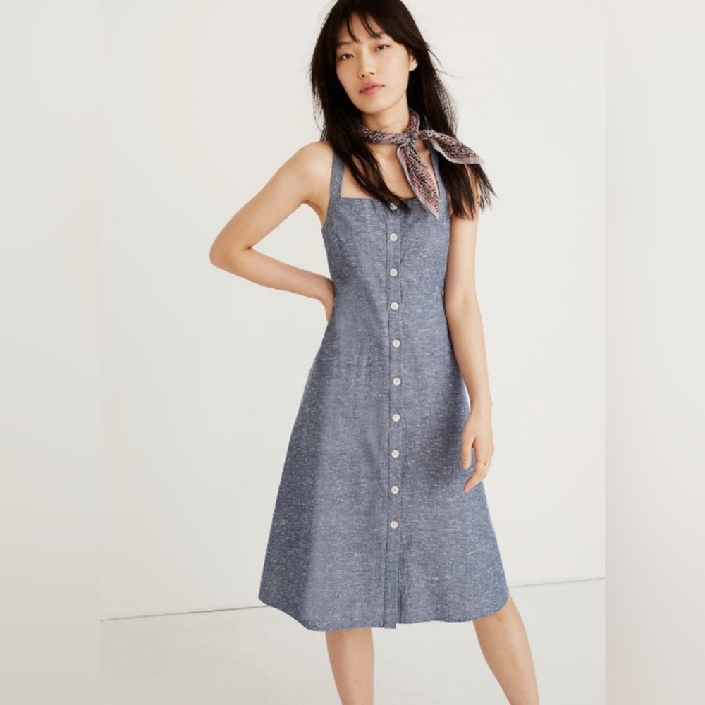 Madewell Blue Button-Front Midi Sundress